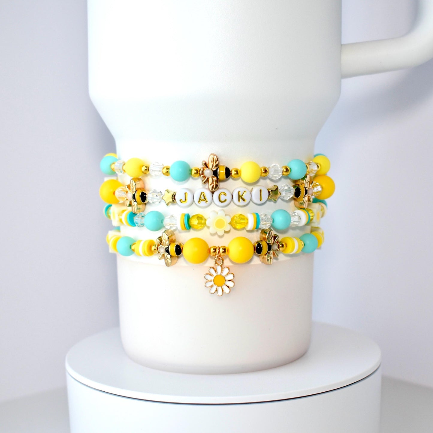 Yellow and Mint Bee Charm Bracelet Stack - 4 Piece Set