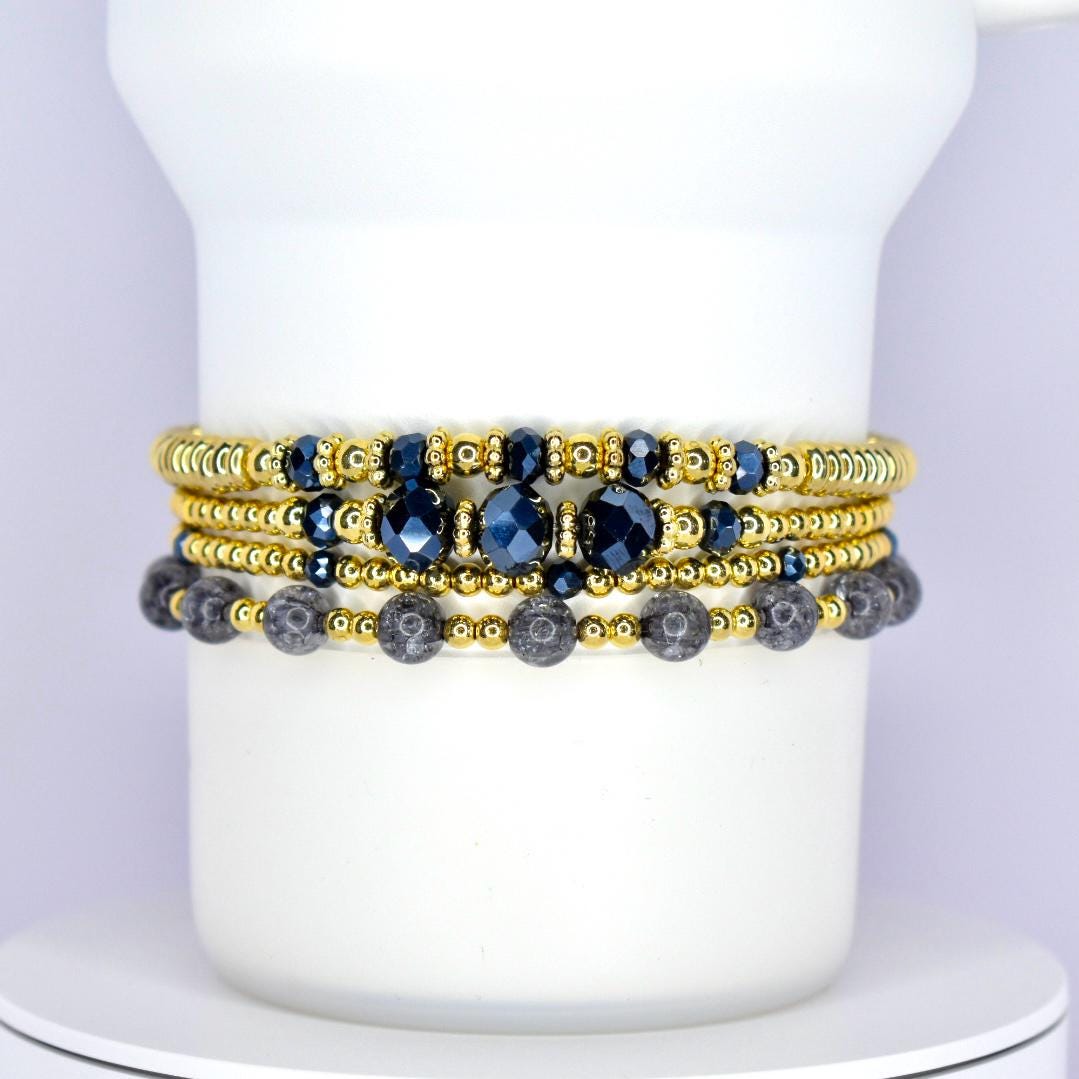 Black Crystal and Gold Bead Bracelet Stack - 4 Piece Set