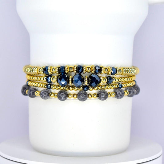 Black Crystal and Gold Bead Bracelet Stack - 4 Piece Set