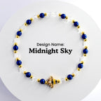 A blue and gold beaded bracelet with a bee charm. The bracelet is made with small blue and clear beads and gold spacers. The text 'Design Name: Midnight Sky' is visible in the center of the image.