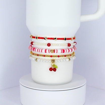 Cherry Charm Bracelet Collection with Red White and Gold Beads