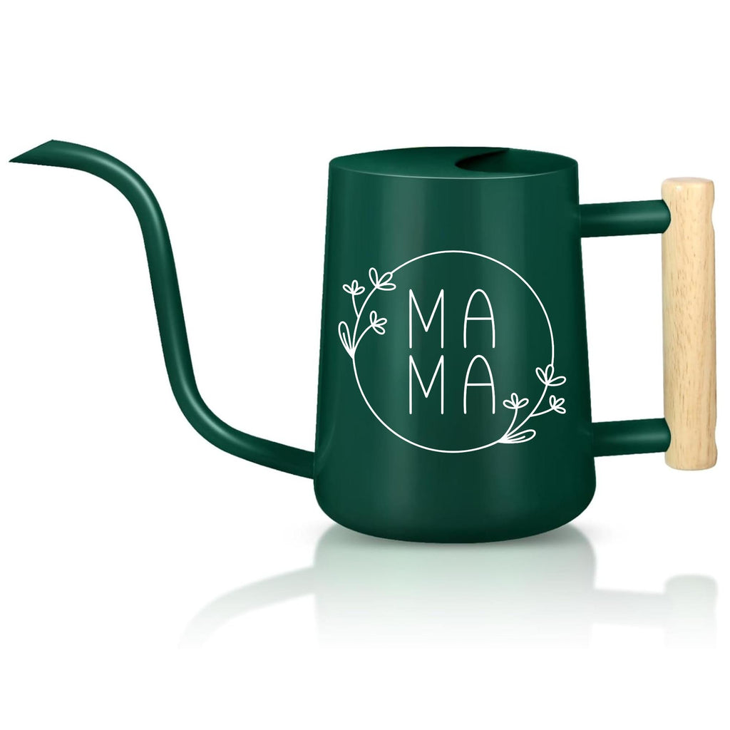 Emerald green watering can with wooden handle and white MAMA text designed with botanical line art perfect gift for plant-loving moms