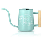 Turquoise watering can with wooden handle and white MAMA text designed with botanical line art perfect gift for plant-loving moms