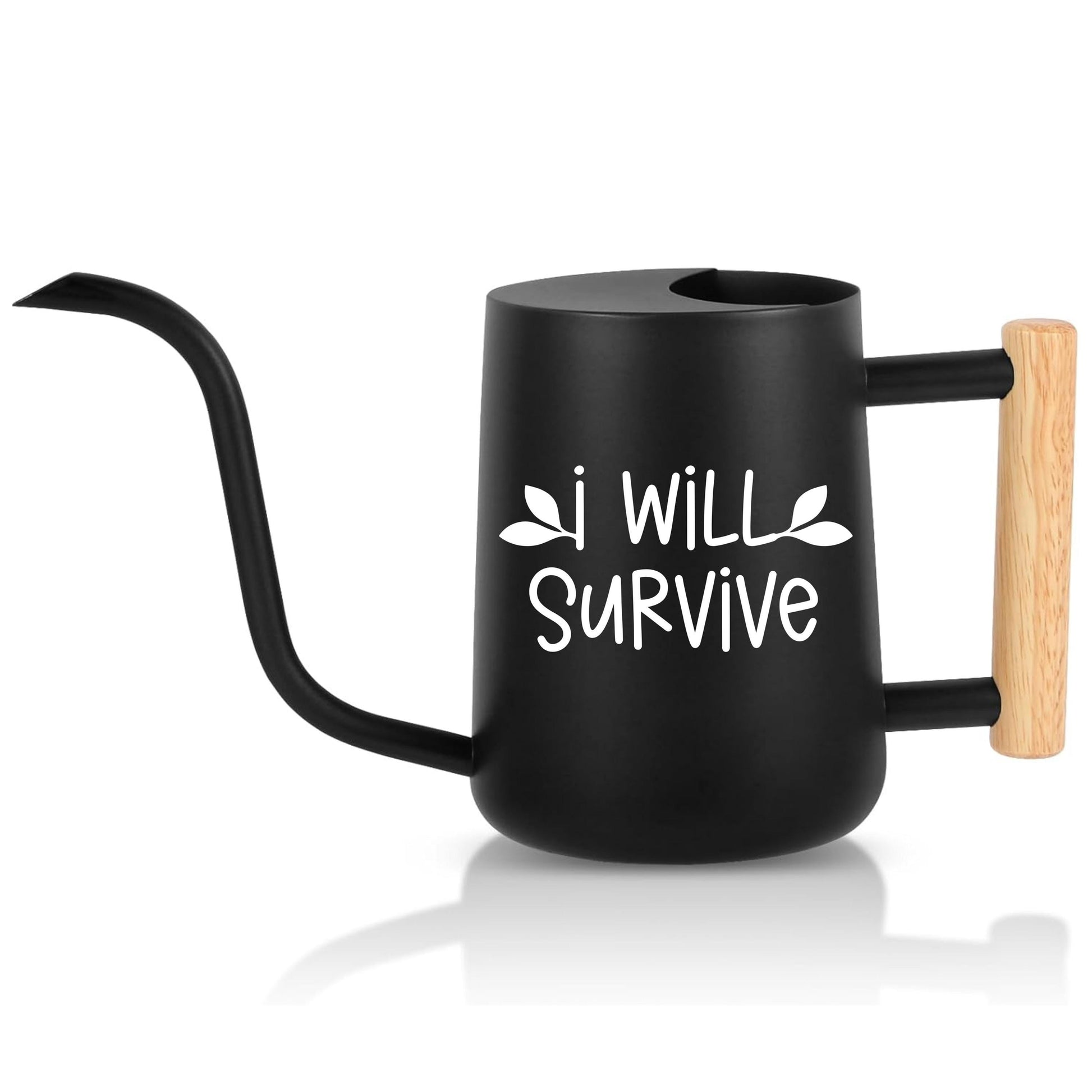 Black watering can with wood handle and white I Will Survive text with leaf accents a funny and functional gift for plant lovers