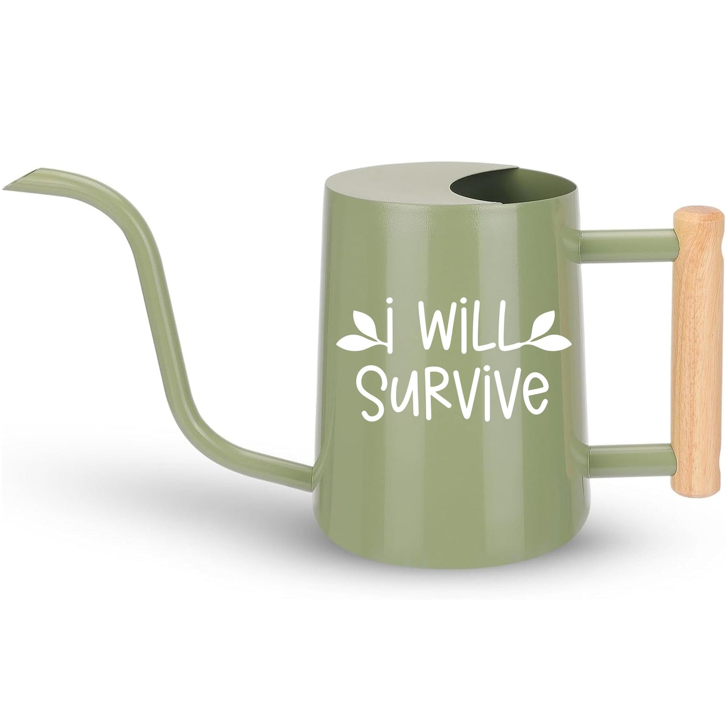 Sage green watering can with wood handle and white I Will Survive text with leaf accents a funny and functional gift for plant lovers