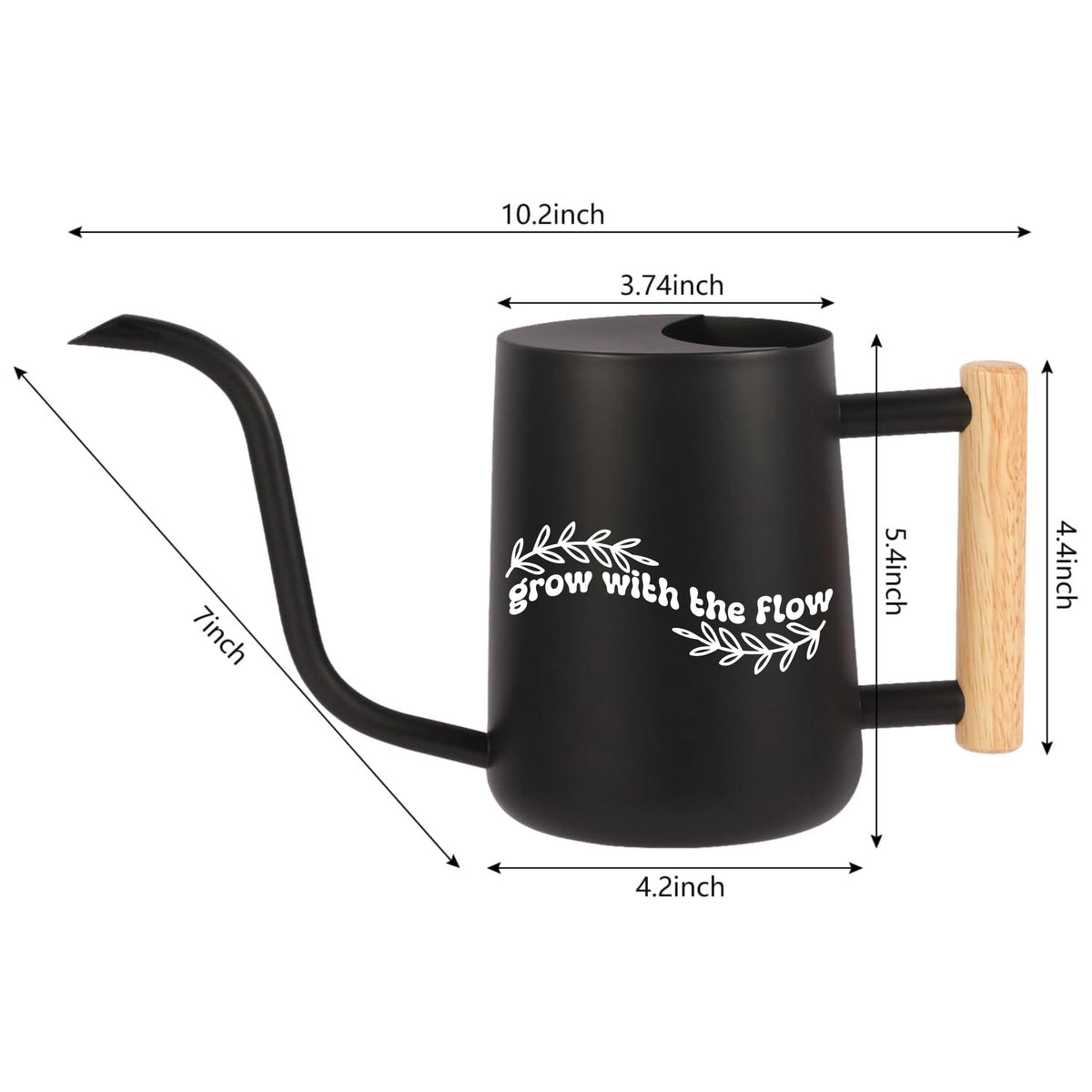 Black watering can with a wooden handle. The can has a spout and a white inscription that reads 'grow with the flow'. The can is 10.2 inches tall, 5.4 inches wide, 4.2 inches deep, and 7 inches long.