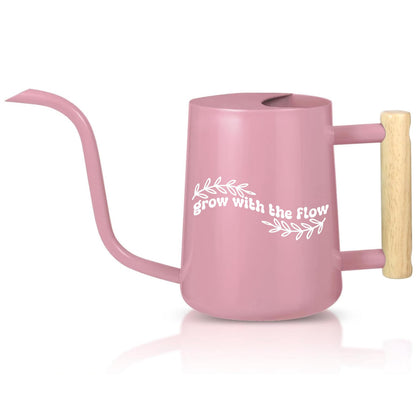 Pink watering can with wooden handle and white Grow with the Flow text surrounded by leaf graphics perfect calming gift for plant lovers and self-care moments