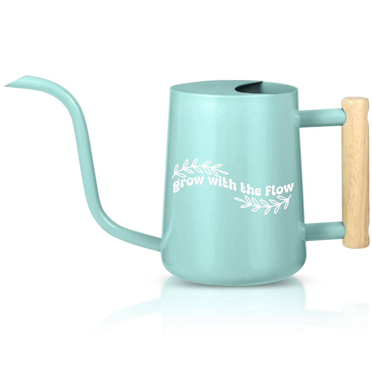 Turquoise watering can with wooden handle and white Grow with the Flow text surrounded by leaf graphics perfect calming gift for plant lovers and self-care moments