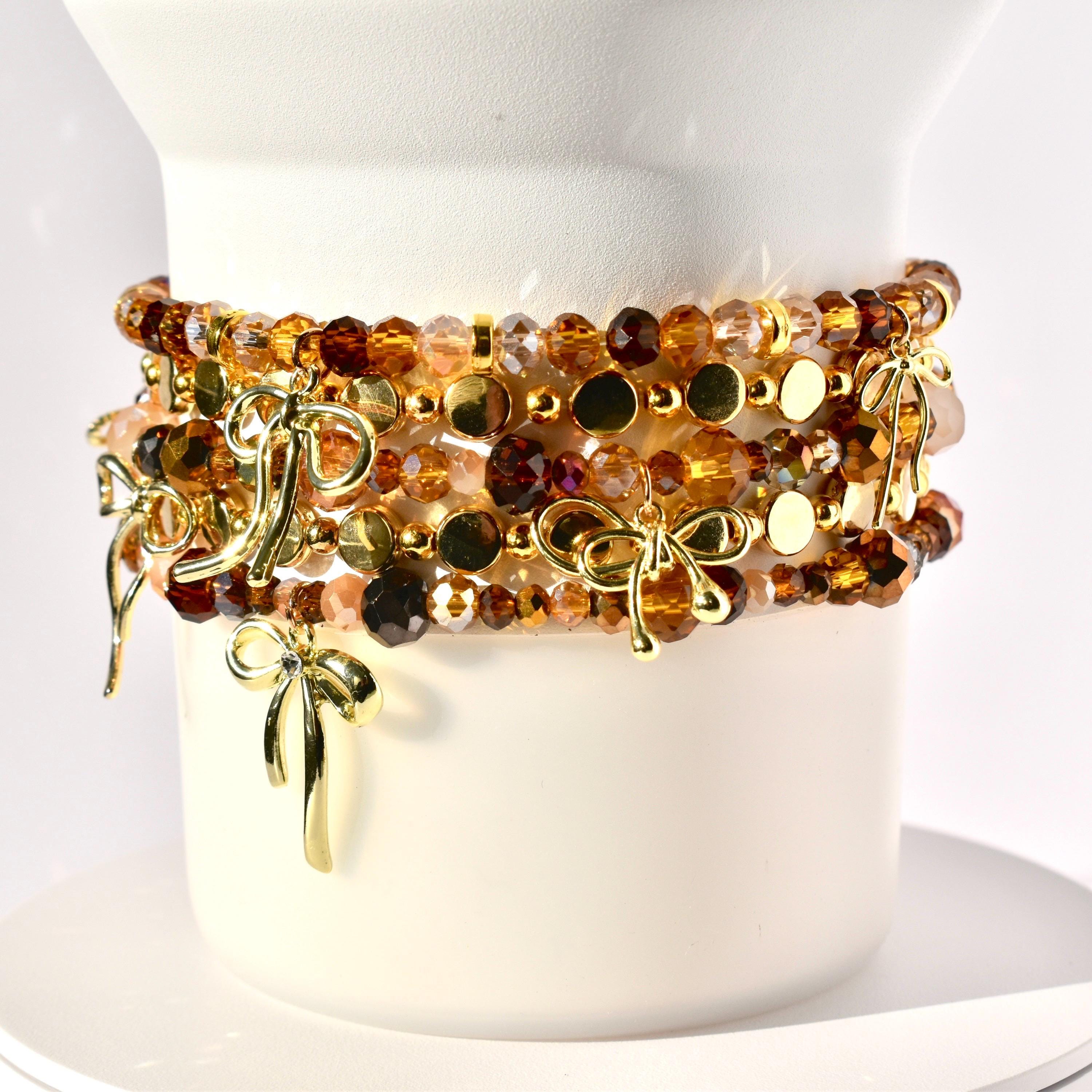 Tumbler Accessories Set Glass Bead Collection Amber Brown Gold Color Design Decorative Bow Accent Cup Holder Jewelry Style Beautiful Drink Accessory Collection Perfect Gift Idea Elastic Band Details