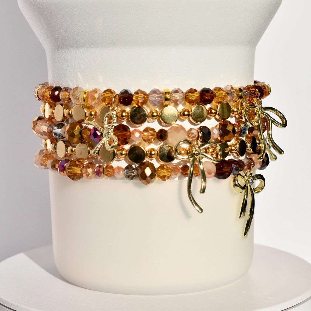 Tumbler Accessories Glass Bead Collection Amber Gold Brown Color Design Decorative Bow Accent Elastic Band Style Cup Holder Jewelry Beautiful Custom Drink Holder Collection Perfect Gift Idea Stretchy Bracelet Set