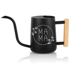 Black watering can with wooden handle and white MAMA text designed with botanical line art perfect gift for plant-loving moms
