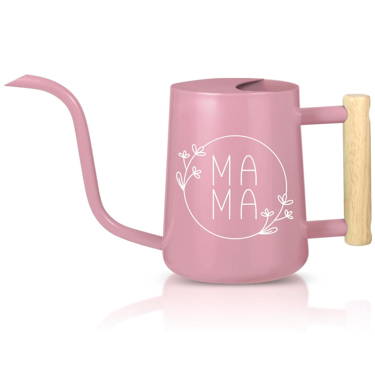 Light pink watering can with wooden handle and white MAMA text designed with botanical line art perfect gift for plant-loving moms