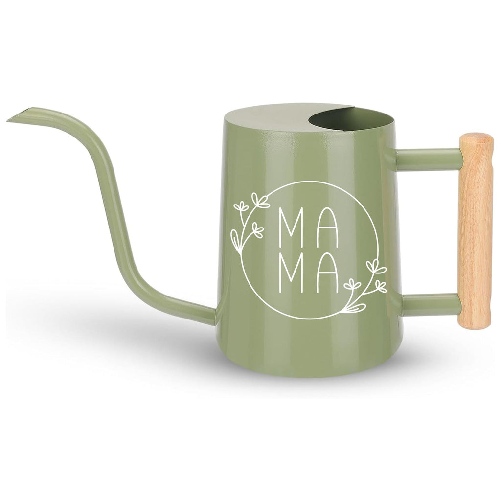 Sage green watering can with wooden handle and white MAMA text designed with botanical line art perfect gift for plant-loving moms