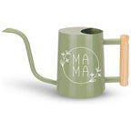 Sage green watering can with wooden handle and white MAMA text designed with botanical line art perfect gift for plant-loving moms