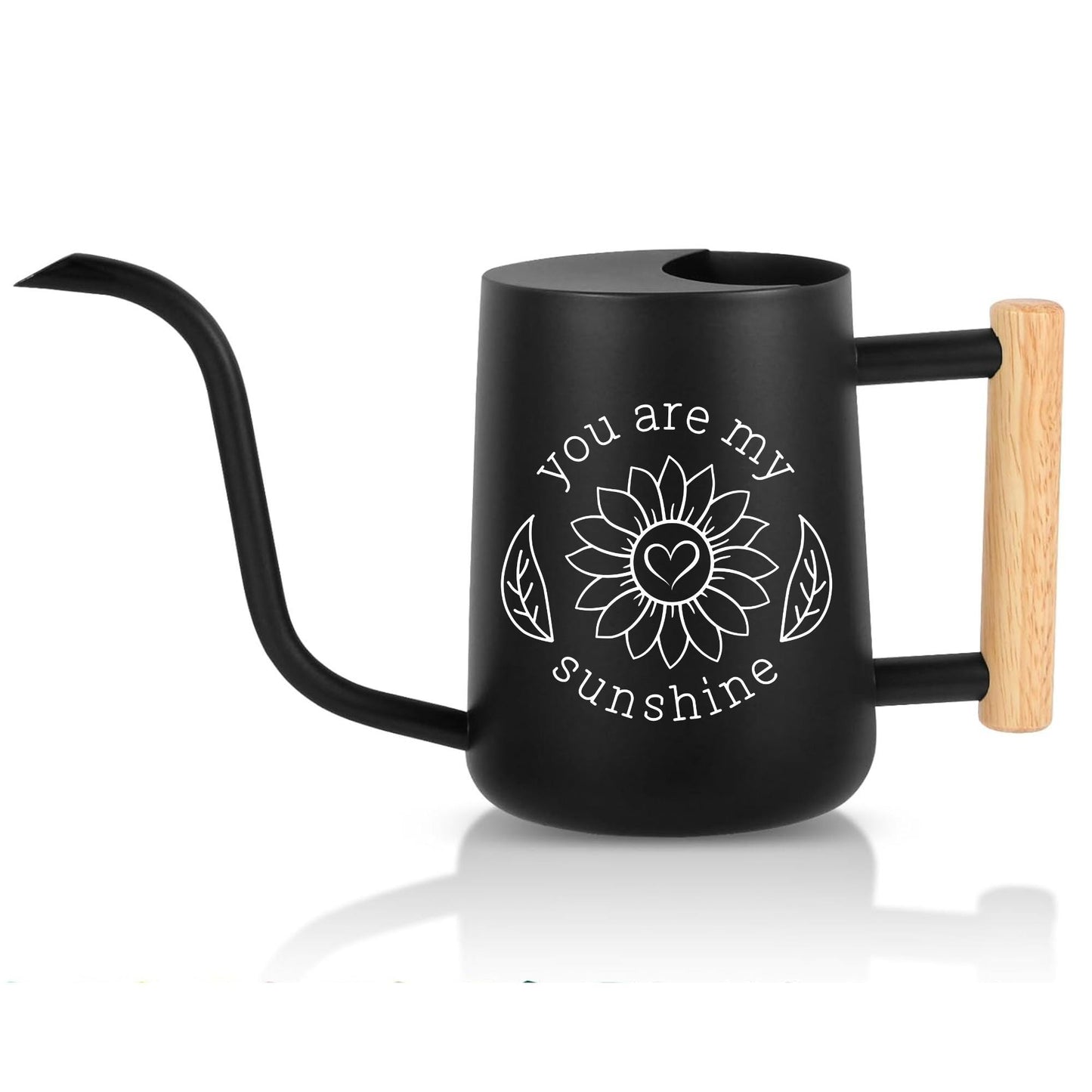 Black watering can with wooden handle featuring a white sunflower design and the phrase You Are My Sunshine with heart accents