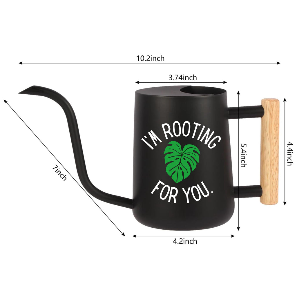 Black Design Watering Can Wooden Handle Accent Gooseneck Precision Spout Monstera Leaf Motif Encouraging Plant Message Stainless Steel Body Indoor Plant Care Essential Modern Aesthetic Gardening Tool Decorative Functional Item Houseplant