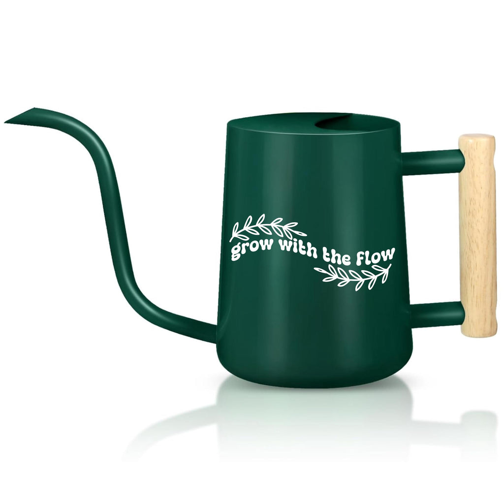Emerald green watering can with wooden handle and white Grow with the Flow text surrounded by leaf graphics perfect calming gift for plant lovers and self-care moments