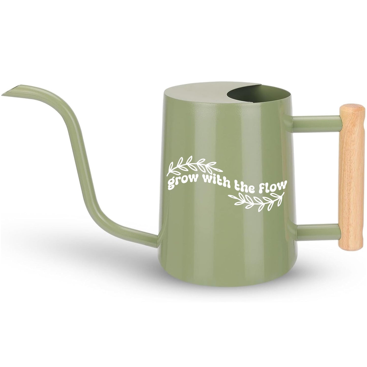 Sage green watering can with wooden handle and white Grow with the Flow text surrounded by leaf graphics perfect calming gift for plant lovers and self-care moments