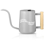 Gray watering can with wooden handle and white Grow with the Flow text surrounded by leaf graphics perfect calming gift for plant lovers and self-care moments