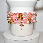 Pink Pearl & Gold Bow Bracelets - Individual Stackable Bracelets