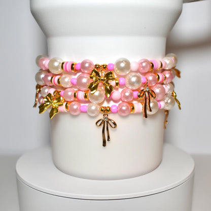 Pink Pearl & Gold Bow Bracelets - Individual Stackable Bracelets