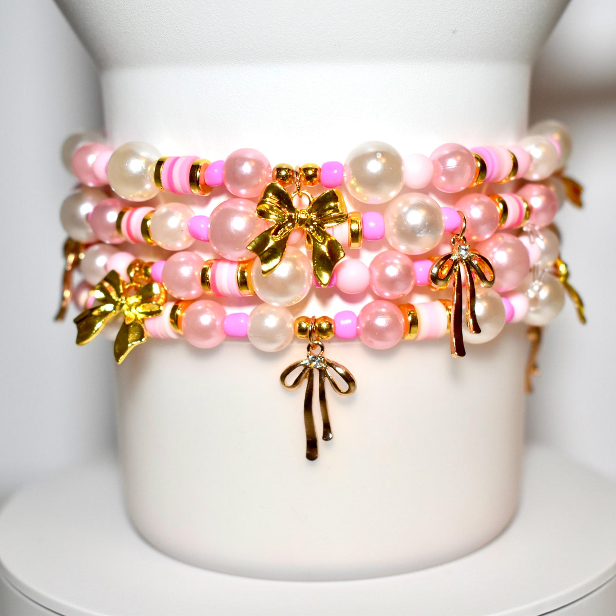 Pink Pearl & Gold Bow Bracelets - Individual Stackable Bracelets