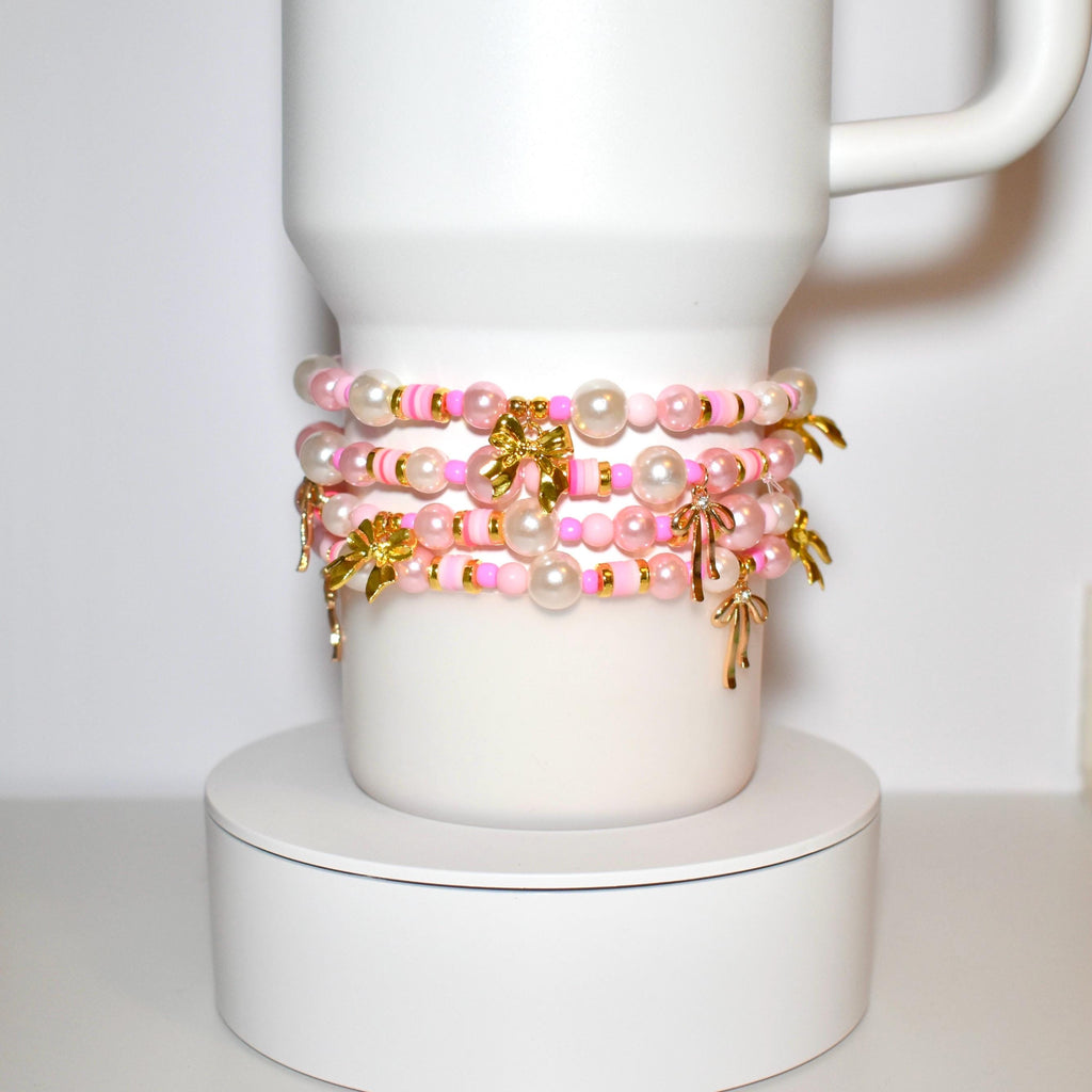 Pink Pearl & Gold Bow Bracelets - Individual Stackable Bracelets
