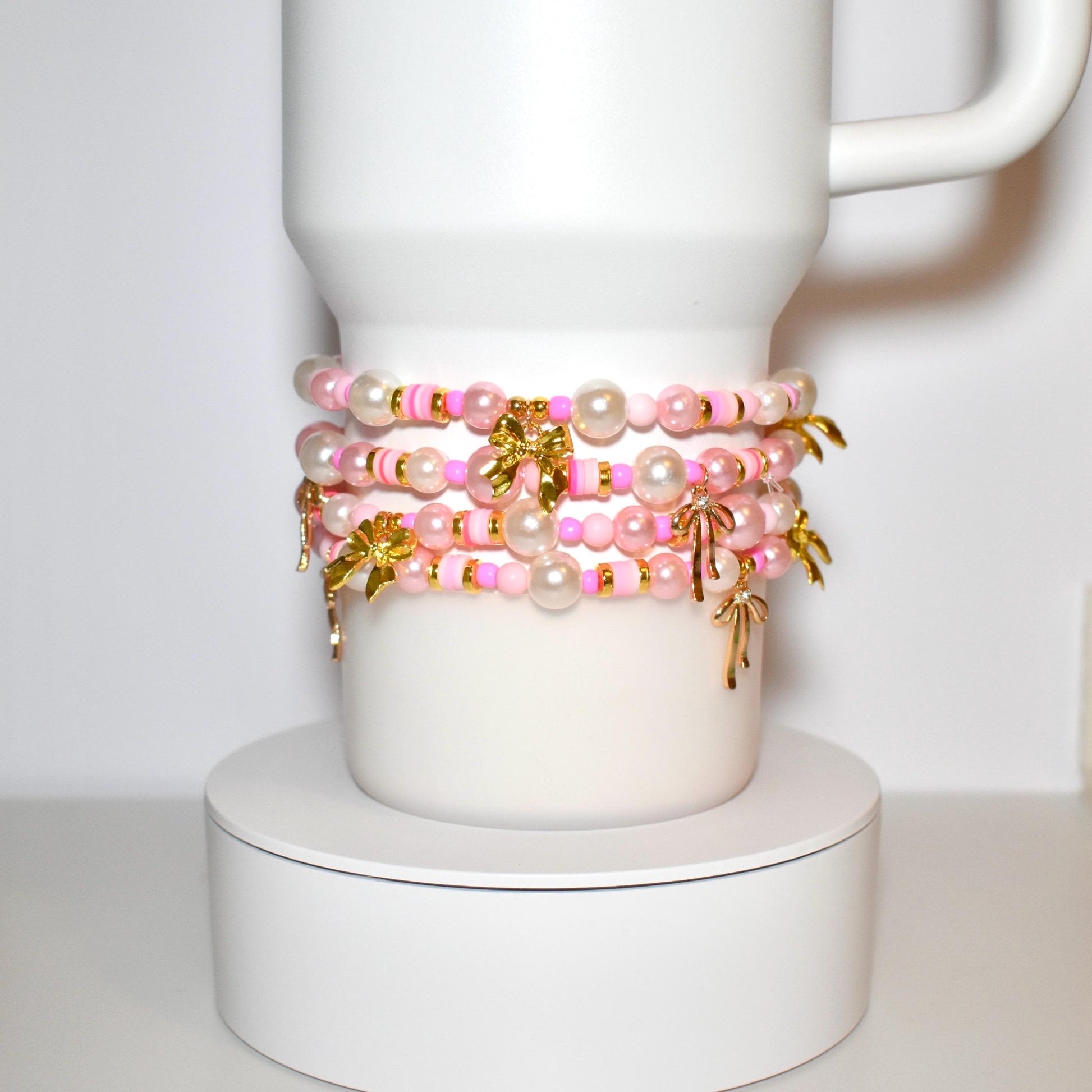 Pink Pearl & Gold Bow Bracelets - Individual Stackable Bracelets