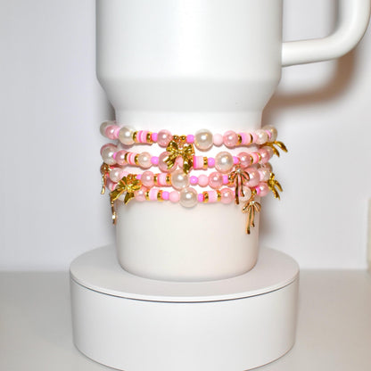 Pink Pearl & Gold Bow Bracelets - Individual Stackable Bracelets