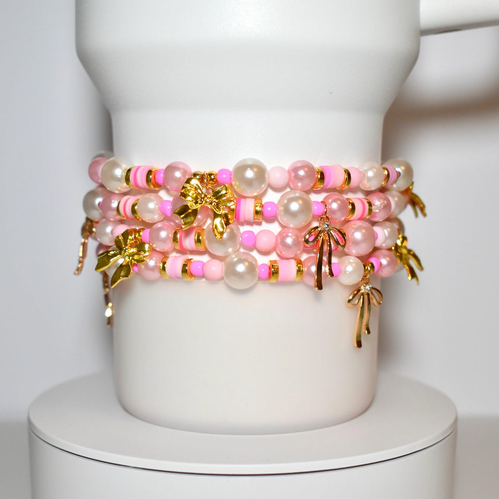 Pink Pearl & Gold Bow Bracelets - Individual Stackable Bracelets