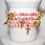 Pink Pearl & Gold Bow Bracelets - Individual Stackable Bracelets