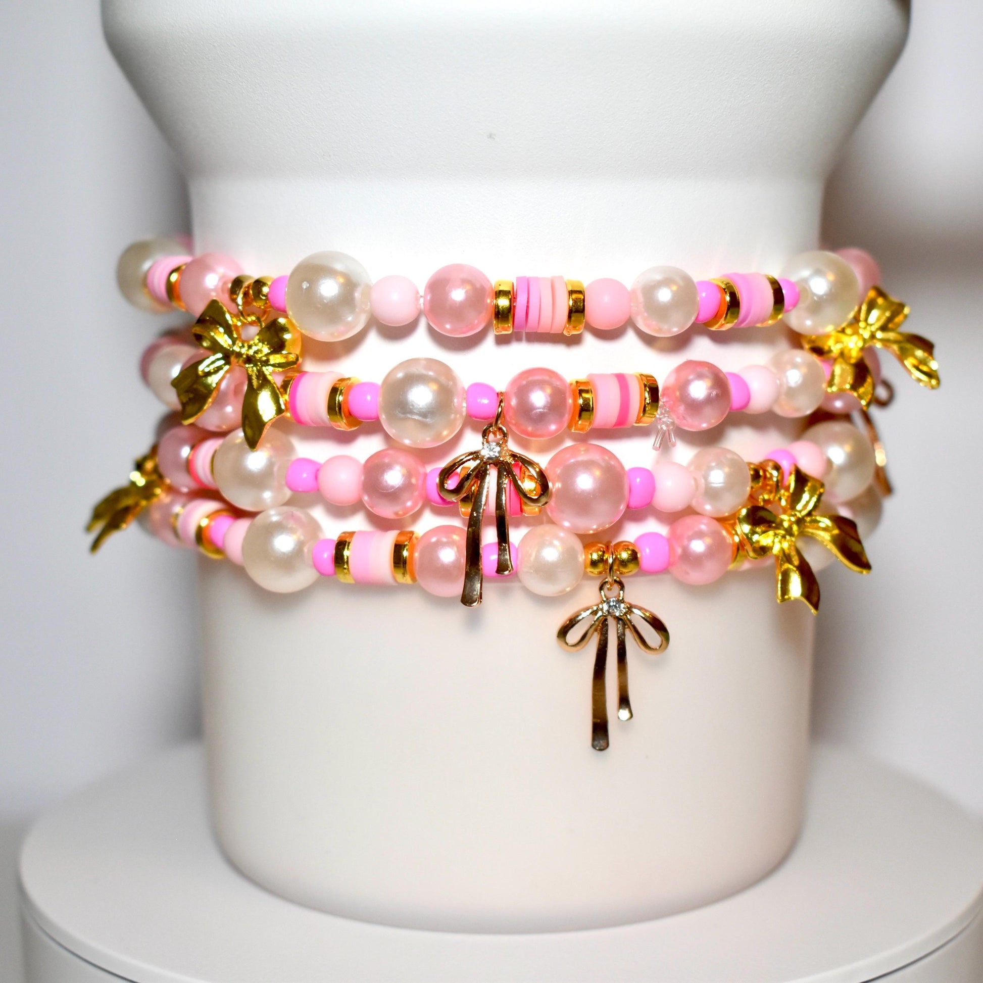 Pink Pearl & Gold Bow Bracelets - Individual Stackable Bracelets