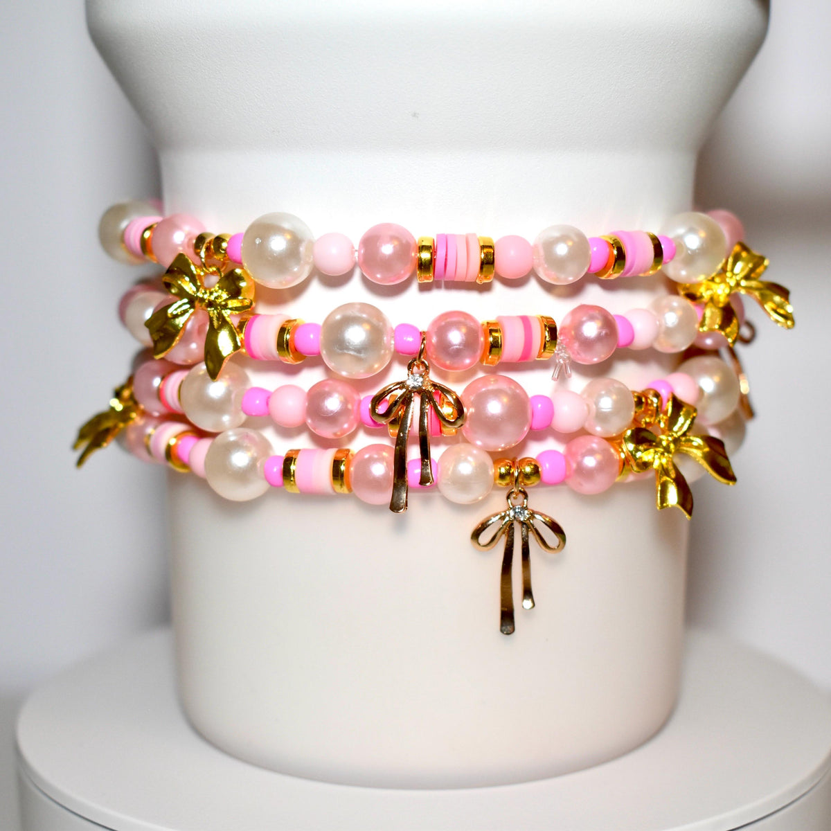 Pink Pearl & Gold Bow Bracelets - Individual Stackable Bracelets