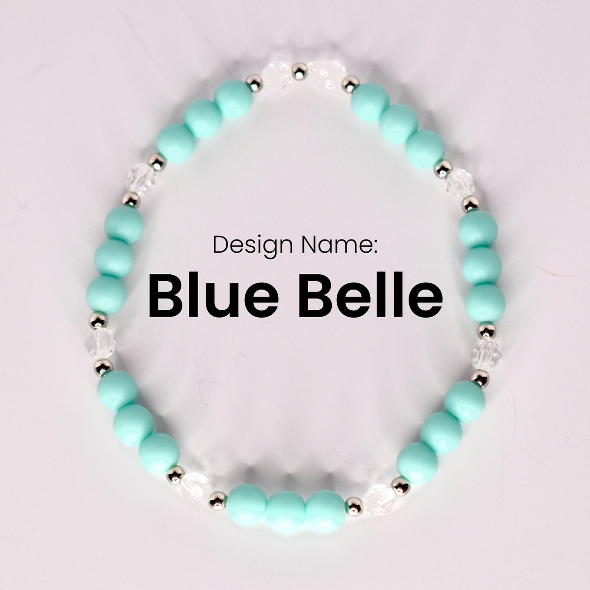 A single bracelet named "Blue Belle" displayed in a circular shape on a light background, made of matte turquoise beads, small silver spacer beads, and clear faceted beads. The design name is centered in bold black text.