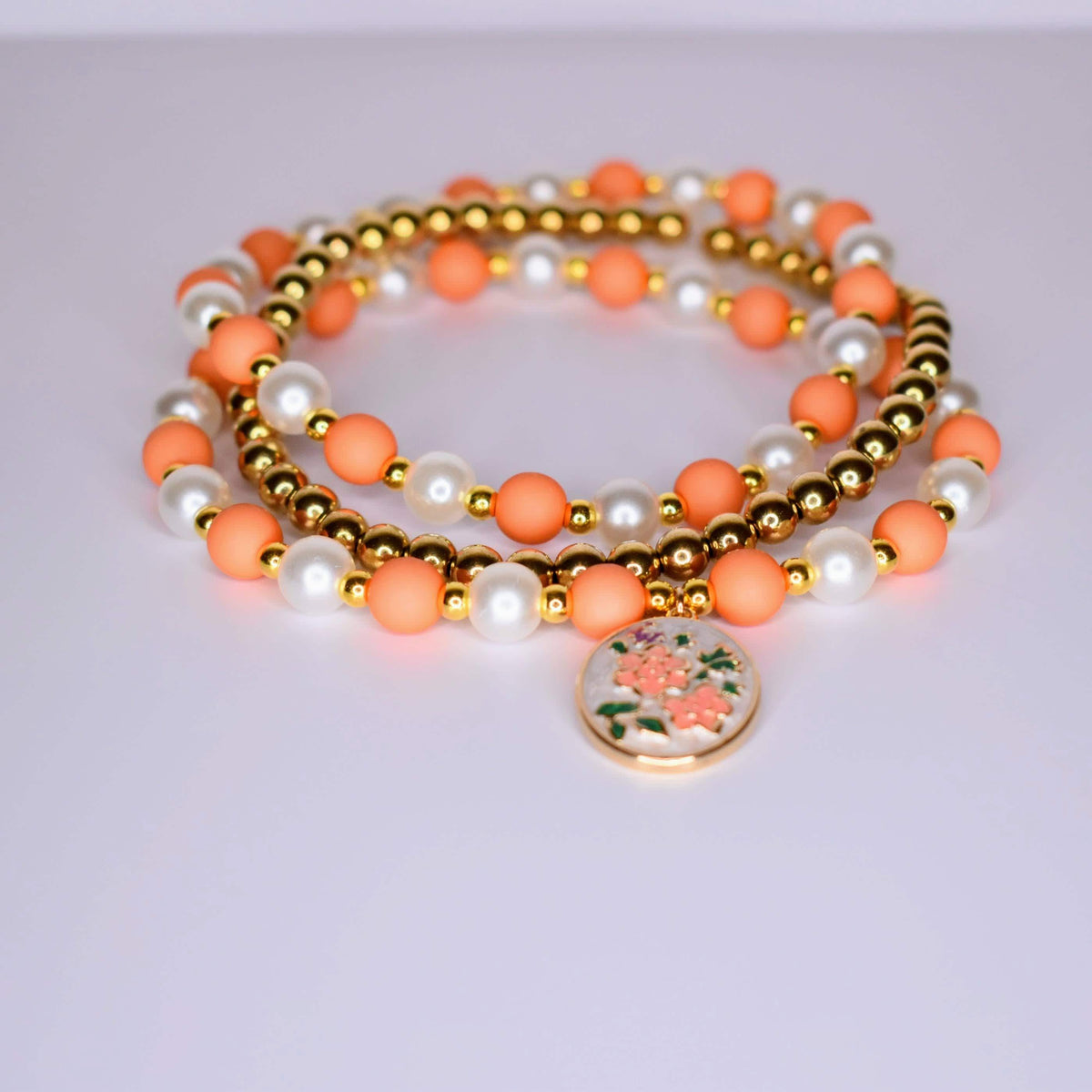 Orange and Gold Vintage Flower Charm Bracelet Set