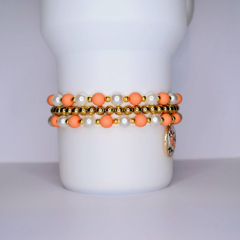 Orange and Gold Vintage Flower Charm Bracelet Set