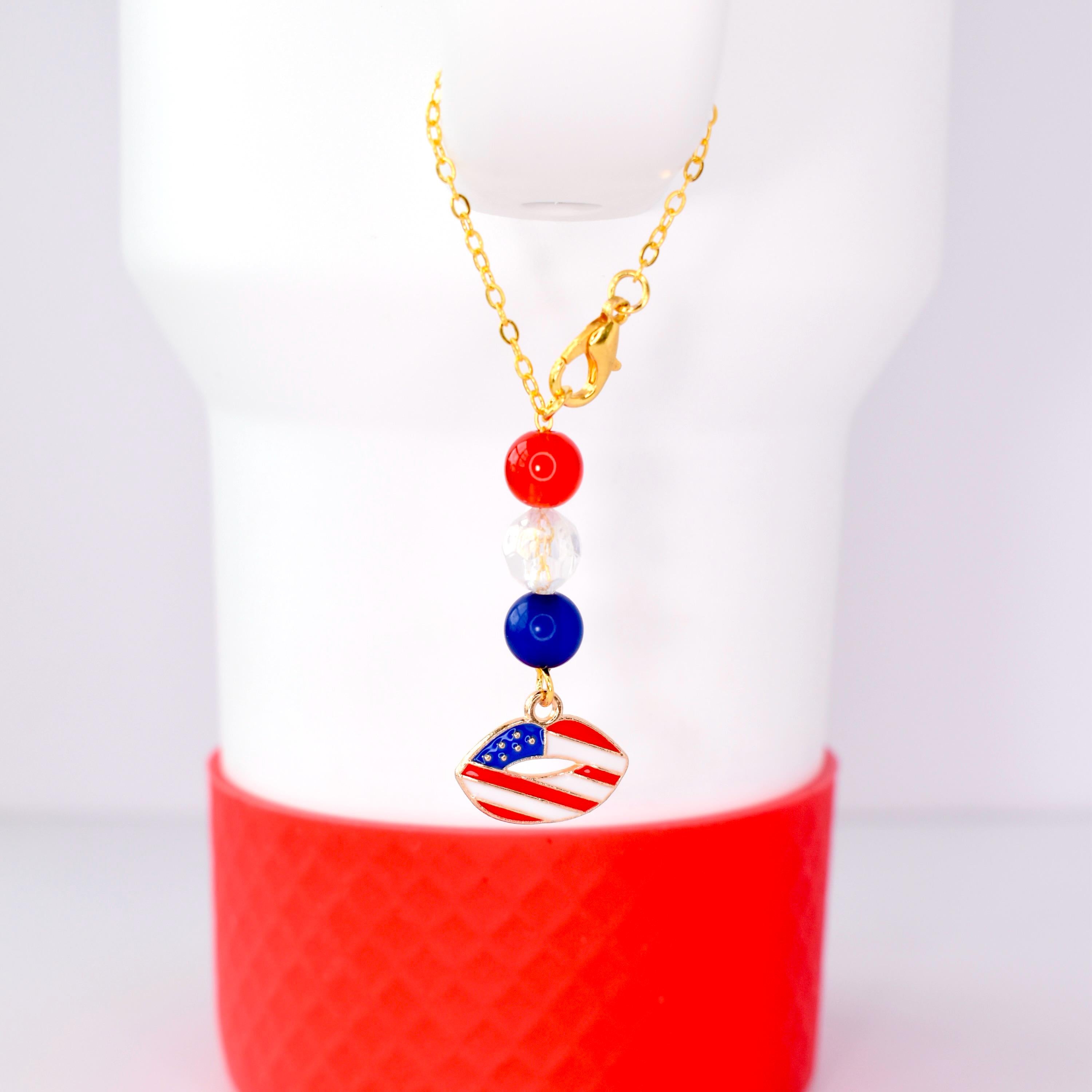 lips charm bracelet Stanley decor tumbler red white blue bracelet Independence Day decor barbecue drinkware patriotic host gift party decor