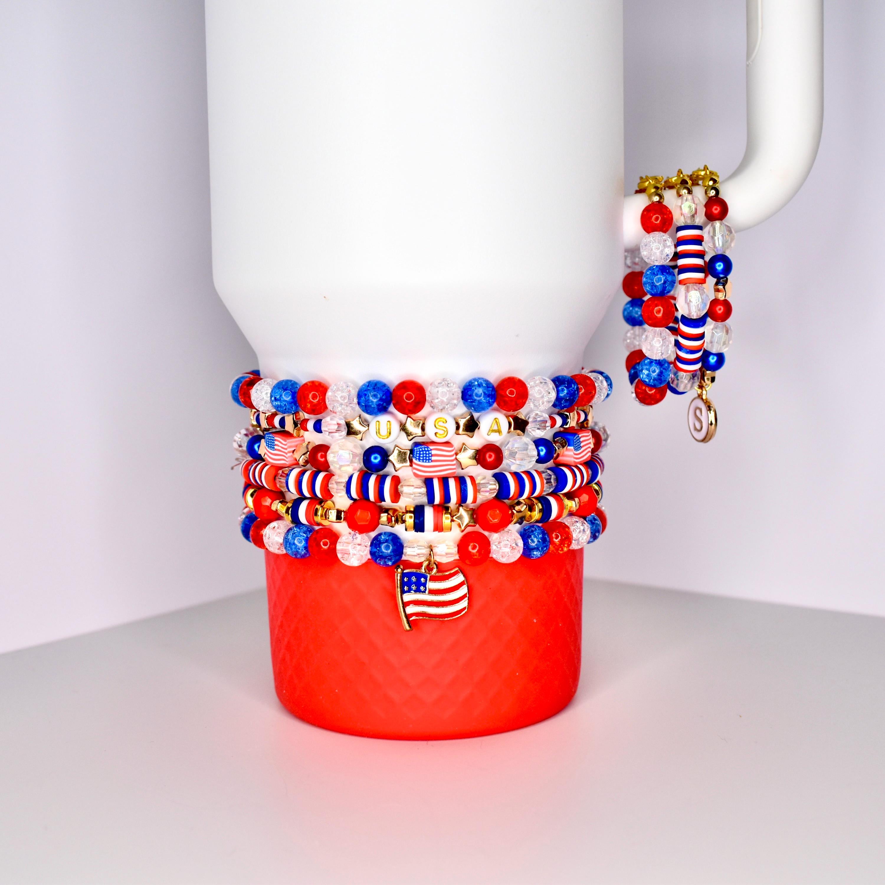 4th of July Independence Day Patriotic Design Beaded Bracelet Custom Water Bottle Band Summer Style Drink Holder Multiple Brand Compatible Beautiful Charm Selection Perfect Gift Idea Holiday Essential Cup Decoration