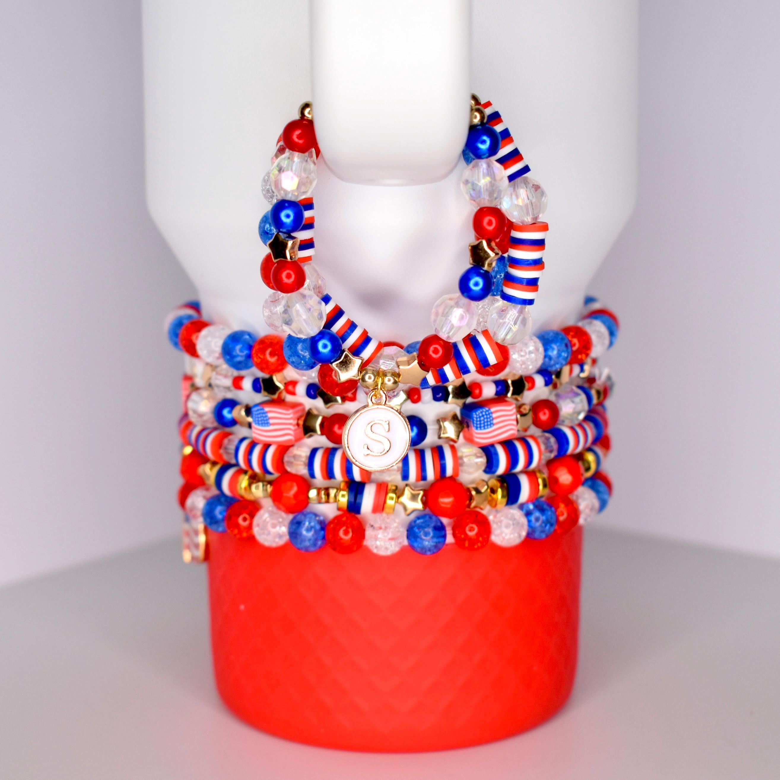 Tumbler Bracelet Patriotic Design 4th of July Independence Day Drink Holder Accessory Summer Style Cup Band Collection Beaded Construction Stanley Compatible Water Bottle Charm Red White Blue Pattern Perfect Gift Idea Holiday Celebration