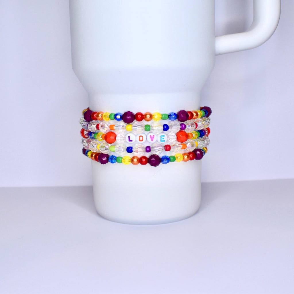 Pride Tumbler Jewelry Rainbow Crystal Collection Custom Letter Design Tumbler Band Accessory Elastic Strap System Universal Cup Holder Clear Beaded Details Modern Style Essential Personalized Gift Idea Multiple Size Options