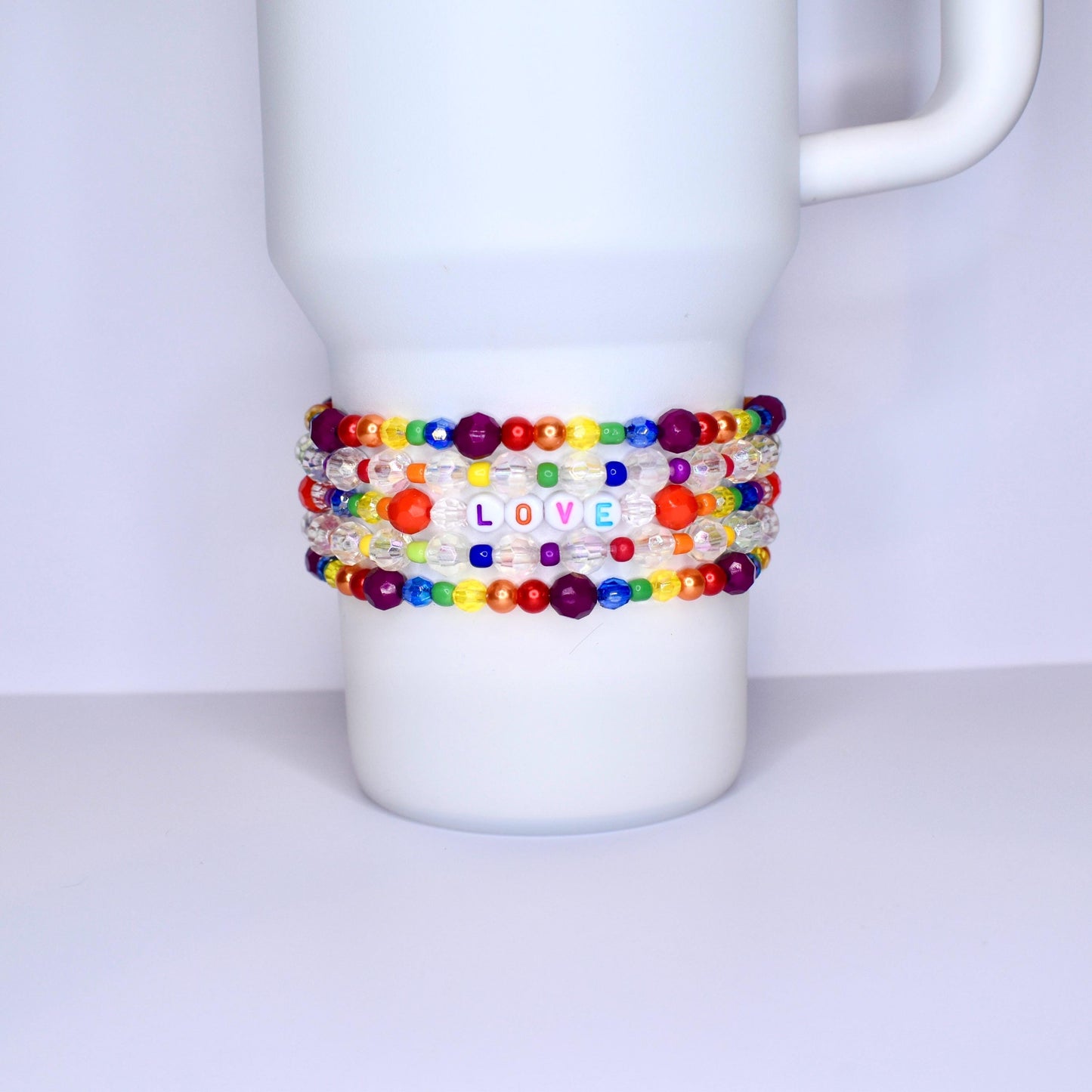 Pride Tumbler Jewelry Rainbow Crystal Collection Custom Letter Design Tumbler Band Accessory Elastic Strap System Universal Cup Holder Clear Beaded Details Modern Style Essential Personalized Gift Idea Multiple Size Options