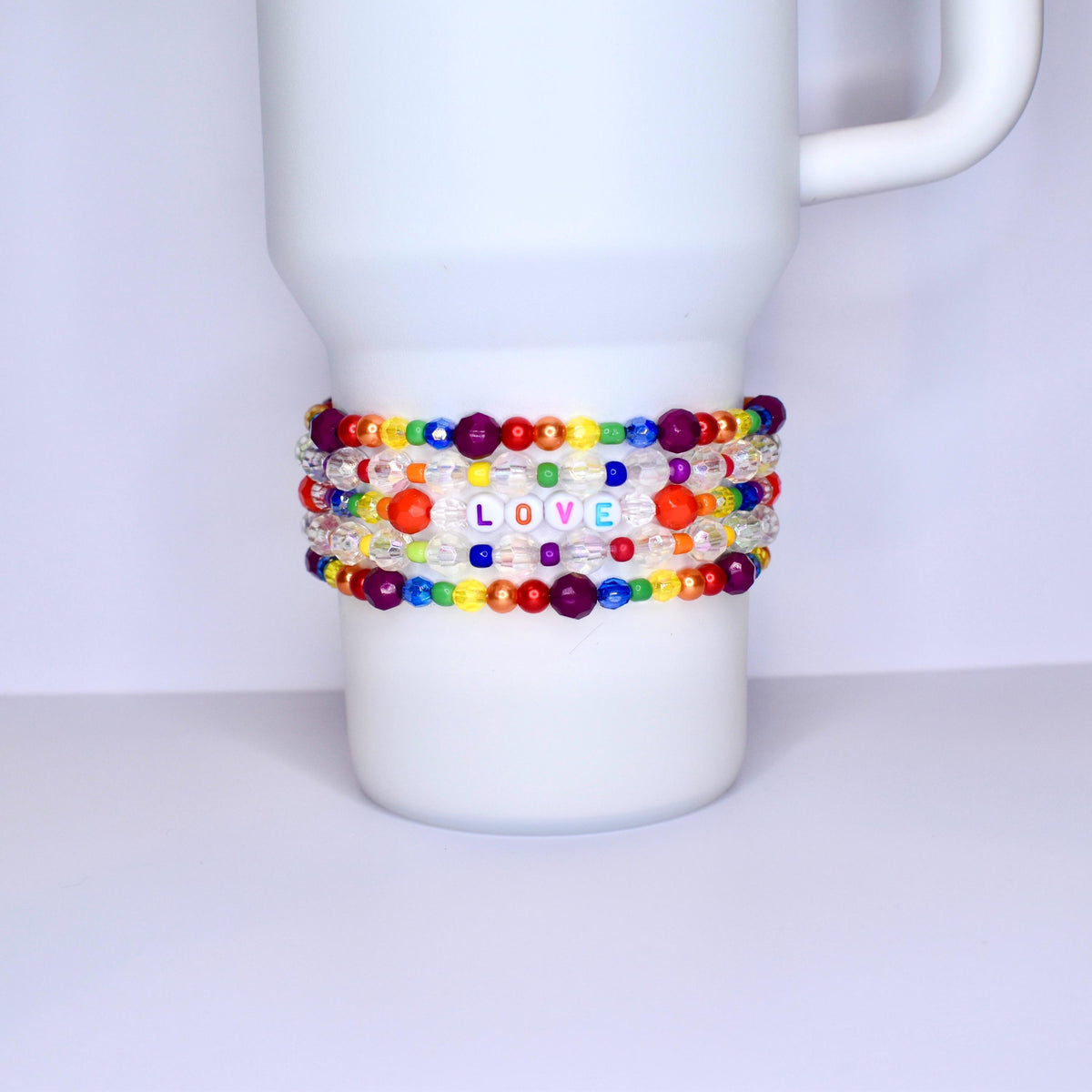 Pride Tumbler Jewelry Rainbow Crystal Collection Custom Letter Design Tumbler Band Accessory Elastic Strap System Universal Cup Holder Clear Beaded Details Modern Style Essential Personalized Gift Idea Multiple Size Options