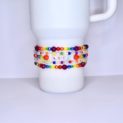 Pride Tumbler Jewelry Rainbow Crystal Collection Custom Letter Design Tumbler Band Accessory Elastic Strap System Universal Cup Holder Clear Beaded Details Modern Style Essential Personalized Gift Idea Multiple Size Options
