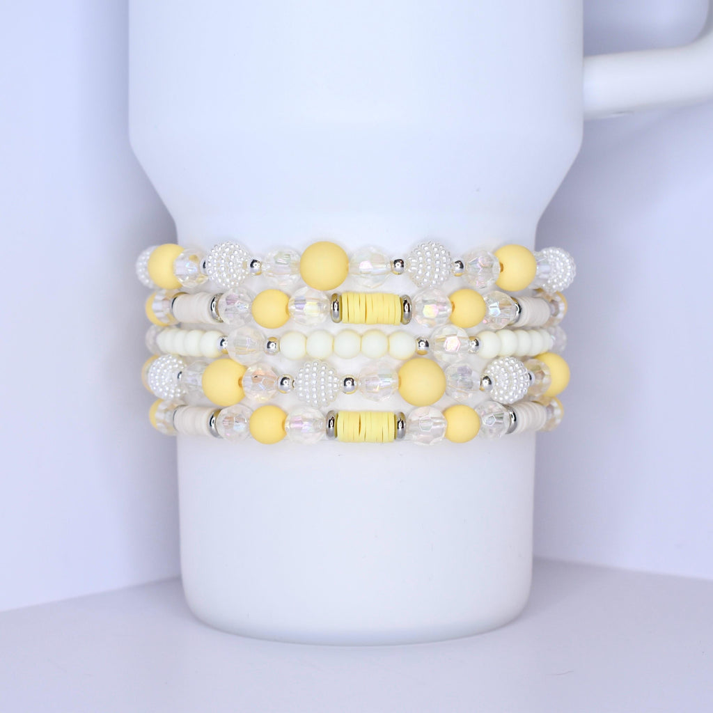 Light Yellow Tumbler Bracelet Stack Cream Bracelets Handmade Stanley Yellow Bracelet Set of Butter Yellow Cream Beaded Bracelet Stack Owala Bracelets Yeti Tumbler Jewelry