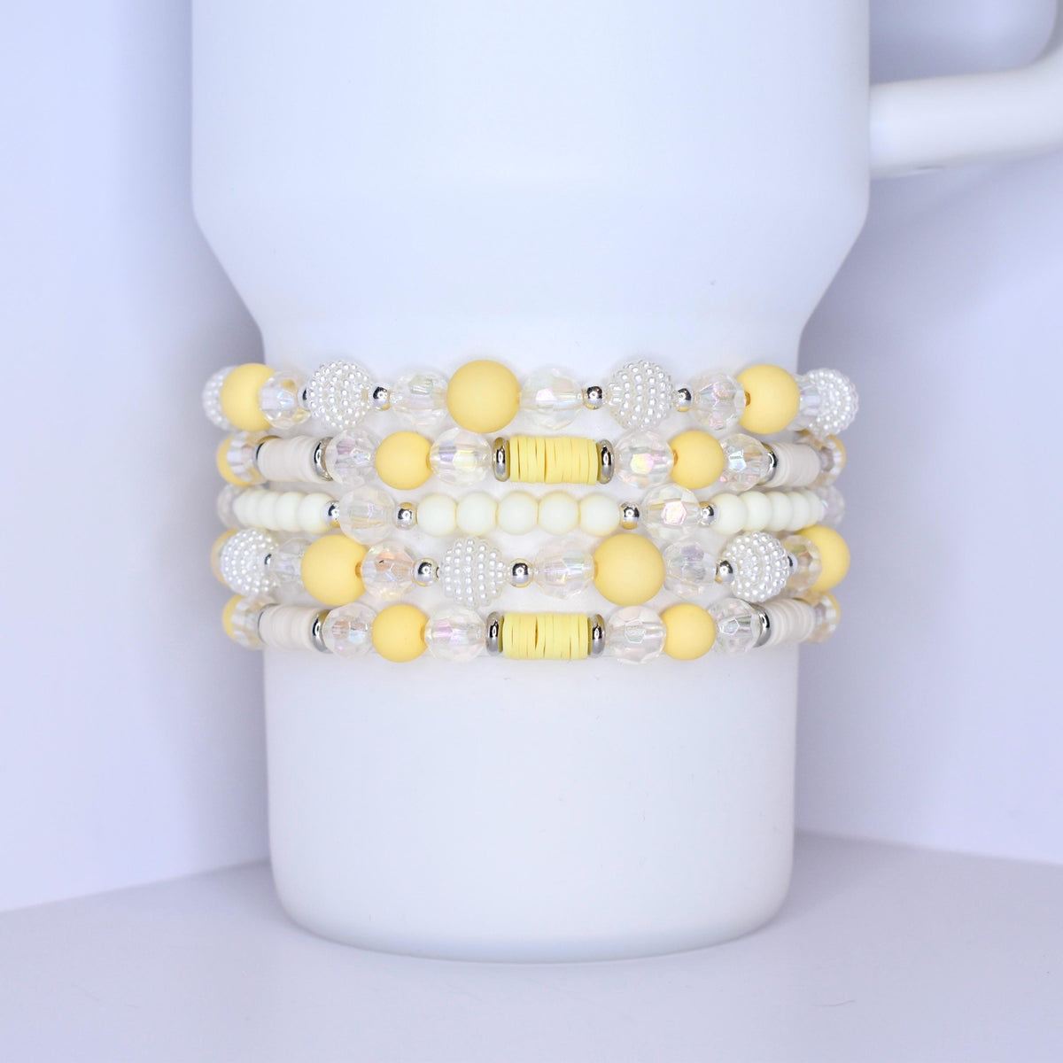 Light Yellow Tumbler Bracelet Stack Cream Bracelets Handmade Stanley Yellow Bracelet Set of Butter Yellow Cream Beaded Bracelet Stack Owala Bracelets Yeti Tumbler Jewelry