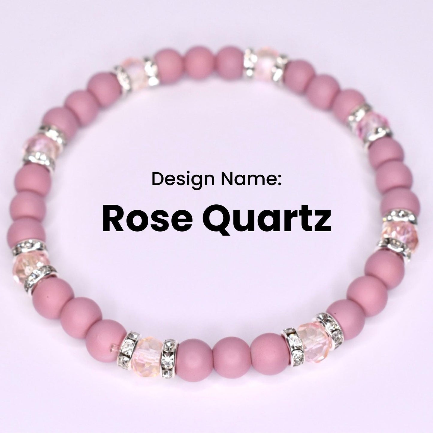 A pink Rose Quartz bracelet with alternating round beads and crystal-studded silver accents. The design name 'Rose Quartz' is displayed in bold black text against a white background. The bracelet is a stretch style.
