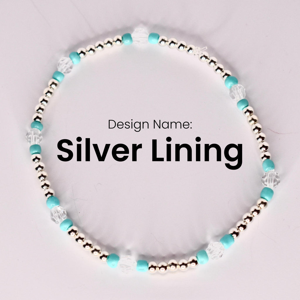 A bracelet titled "Silver Lining" shown in a circular shape, featuring a pattern of tiny silver beads, light turquoise spacer beads, and clear faceted beads. The design name appears in bold black text at the center.
