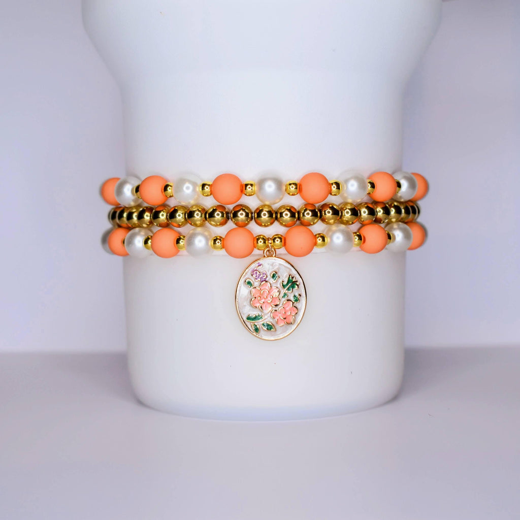 Orange and Gold Vintage Flower Charm Bracelet Set