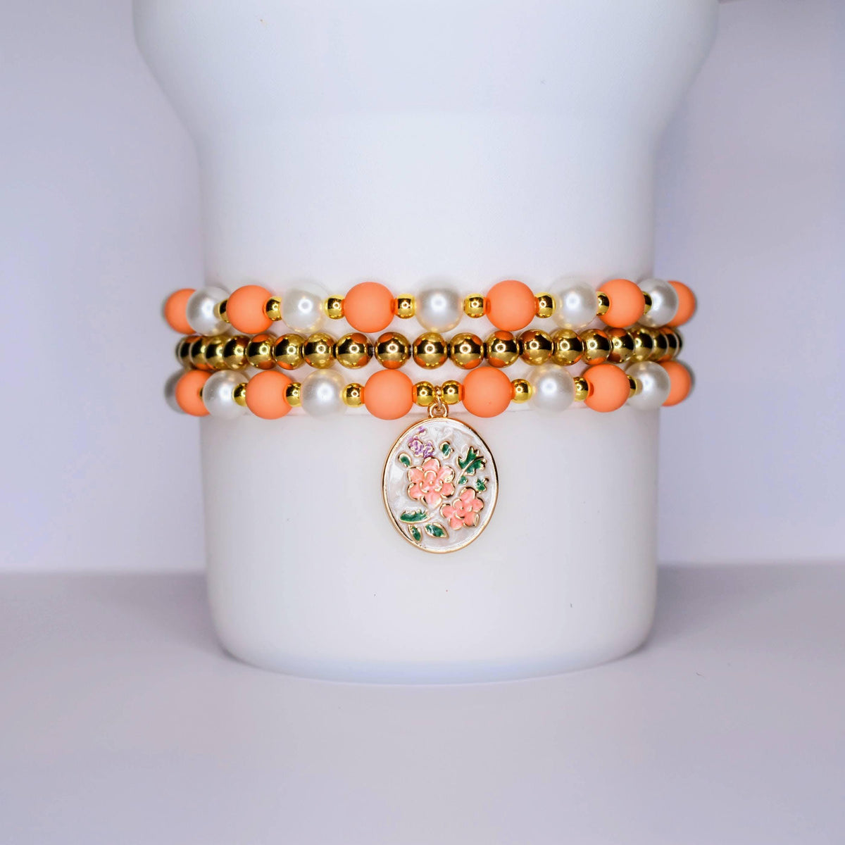Orange and Gold Vintage Flower Charm Bracelet Set