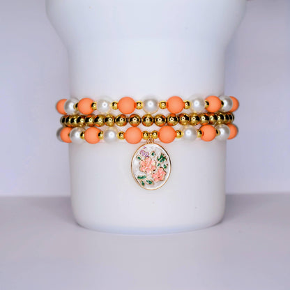 Orange and Gold Vintage Flower Charm Bracelet Set